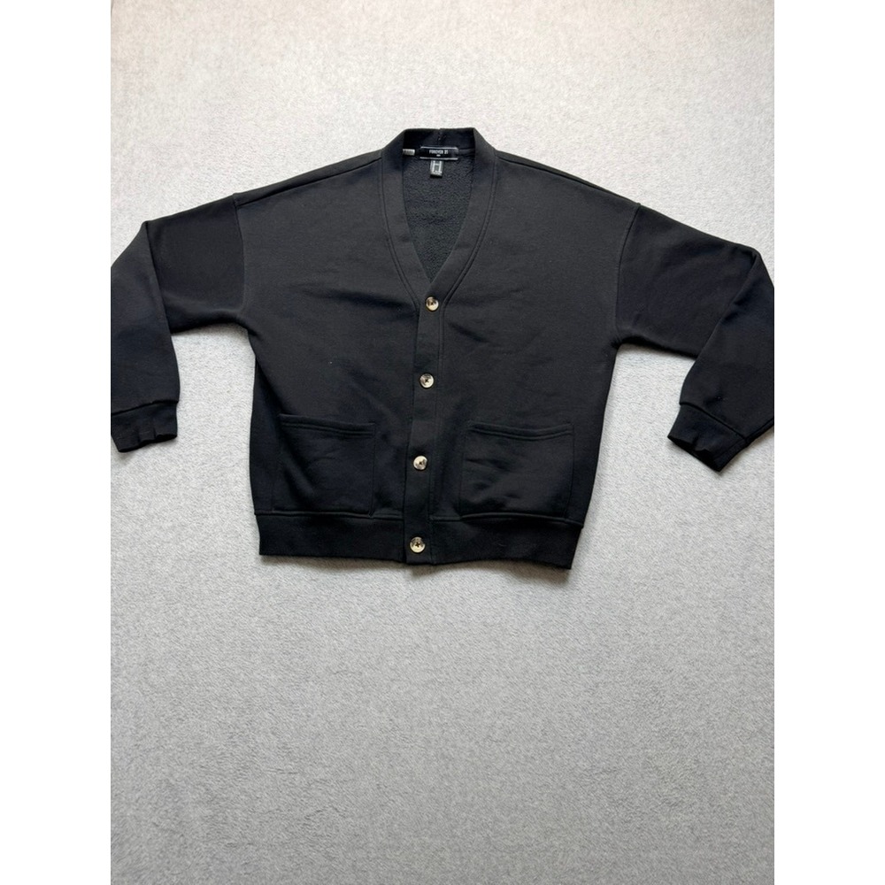 Forever 21 Men Black Fleece Cardigan Sweatshirt V-Neck Button Front Pockets M